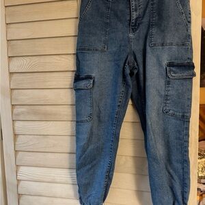 SO Light Blue Denim Cargo Joggers size 15 stretchy elastic waist in back